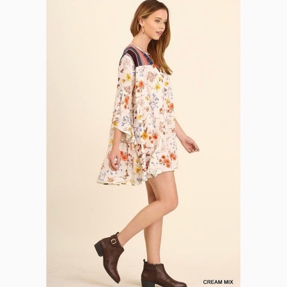 Umgee Floral Mini Dress Bell Sleeve Cream Mix Boho Size XL Mixed Print Peasant - Picture 11 of 11